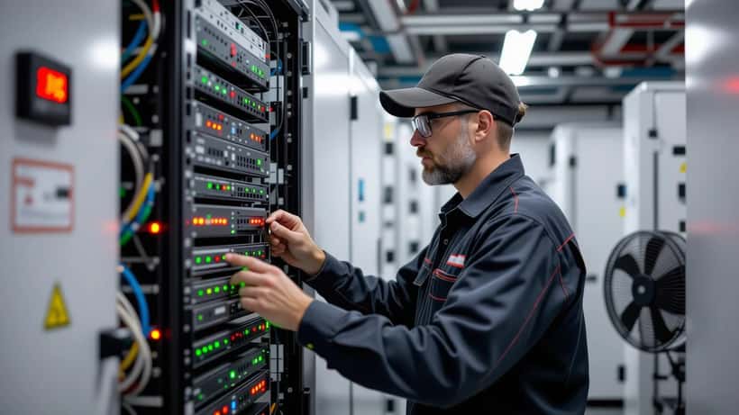 Technicien IT inspectant un serveur surchauffé avec voyants d'alerte rouges dans une salle technique d'une PME française pendant la canicule El Niño 2026