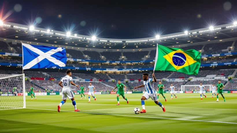 Stade de football avec drapeaux écossais et brésiliens pour le match Écosse – Brésil 2026