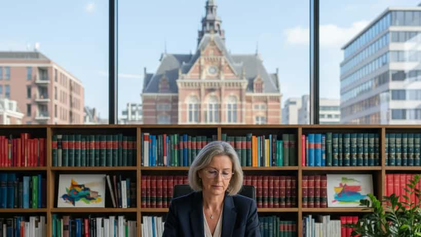 Nederlandse advocate die juridische documenten bestudeert aan een bureau in een Rotterdams advocatenkantoor met uitzicht op de rechtbank