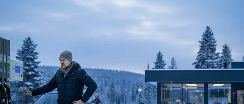Suomalainen mies tankkaaa autoaan huoltoasemalla ja katsoo hintanäyttöä
