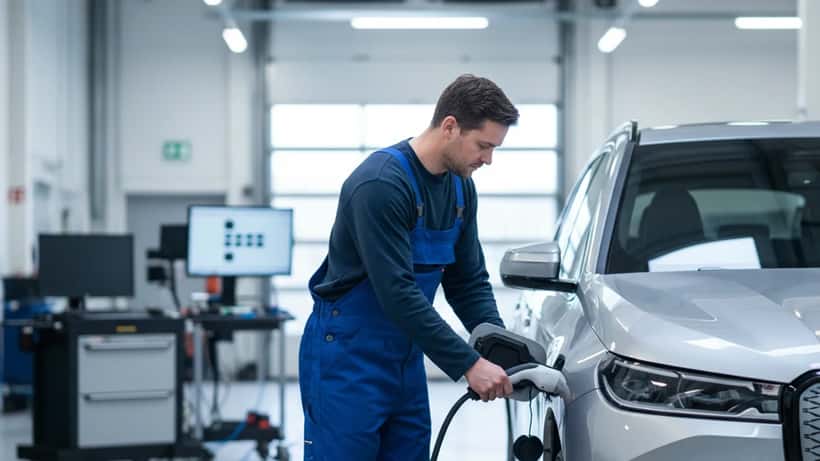 Dansk mekaniker tilslutter ladekabel til BMW iX3 elbil på værksted