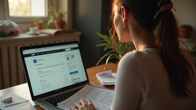 Femme française consultant la CAF sur son ordinateur pour vérifier sa prime d'activité