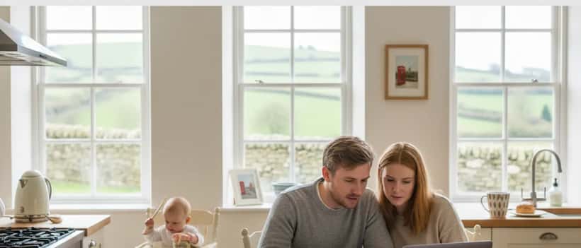 Young couple reviewing childcare finances at kitchen table with baby nearby