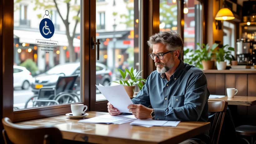 Gérant de café consultant des documents d'accessibilité PMR dans son établissement en 2026