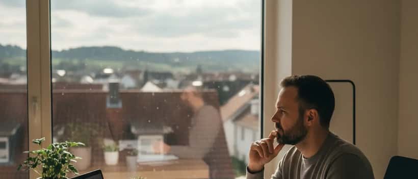 Selbstständiger arbeitet an Steuerunterlagen in einem modernen hellen Homeoffice in Deutschland