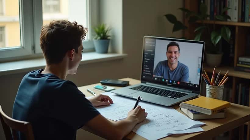 Aluno português em Lisboa com portátil aberto com IA de tutoria e professor visível por videochamada, cadernos em volta