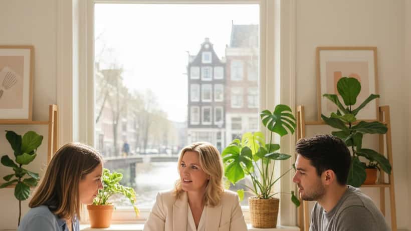 Nederlandse mediator helpt jong koppel bij vriendschappelijke scheiding in modern Amsterdams kantoor