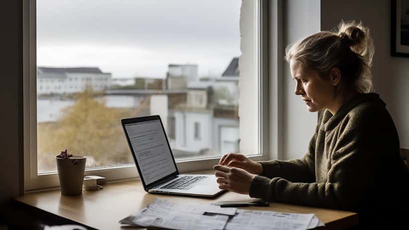 Kona að skoða leigusamning og HMS skráningarkerfi á fartölvu í Reykjavík