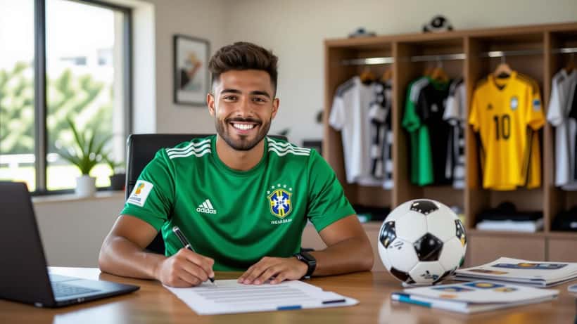 Jogador de futebol profissional assinando contrato em escritório esportivo nos Estados Unidos
