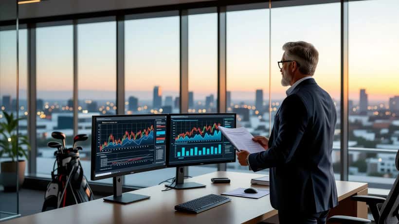 A retired athlete reviewing investment charts with advisers in a modern office