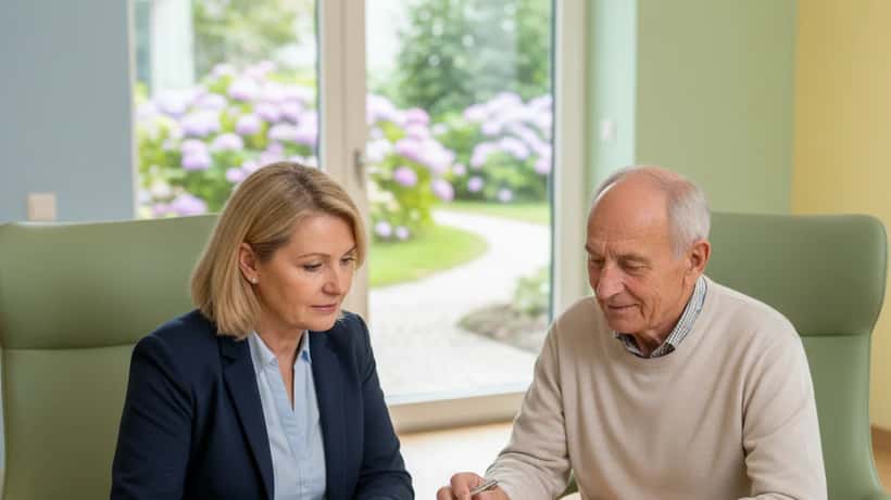 Angehörige bespricht Pflegeheimvertrag und Kosten mit Vater in modernem Pflegeheim Frankfurt 2026