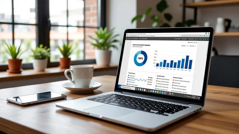 Consultora de TI analisando métricas de desempenho digital no laptop em São Paulo para candidatura ao Prêmio iBest 2026