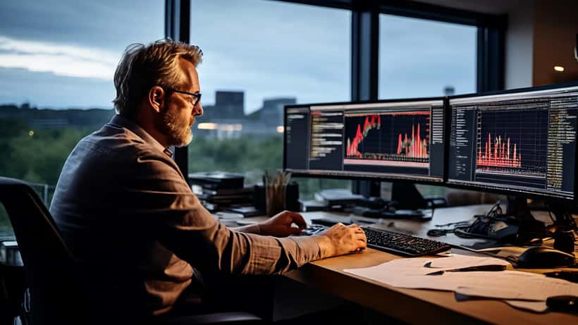 Finansrådgiver ser på Oslo Børs-kurser på dataskjerm med nedadgående grafer