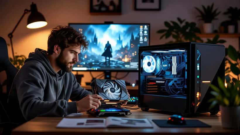 Canadian gamer examining GPU graphics card box beside open PC tower and gaming monitor