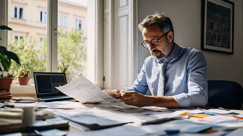Consultor financeiro a rever relatórios económicos e gráficos de crescimento em escritório em Lisboa
