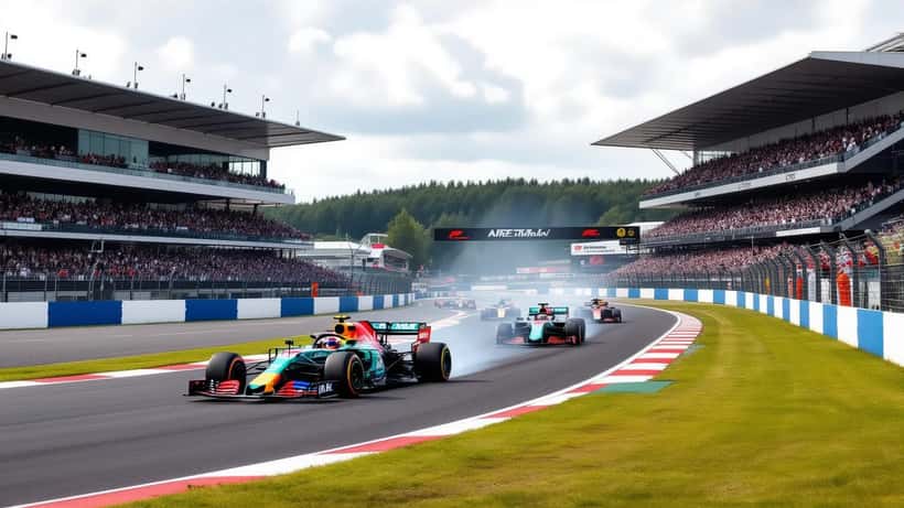 Formel-1-Rennwagen rast bei über 300 km/h durch die Eau-Rouge-Kurve in Spa-Francorchamps