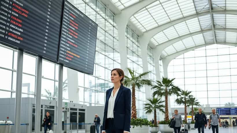Passageira portuguesa no Aeroporto de Lisboa verificando painel de atrasos de voos em 2026