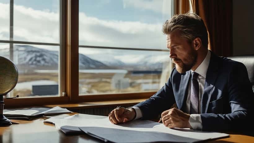 Íslenskur lögfræðingur yfirfer alþjóðleg skjöl á skrifstofu