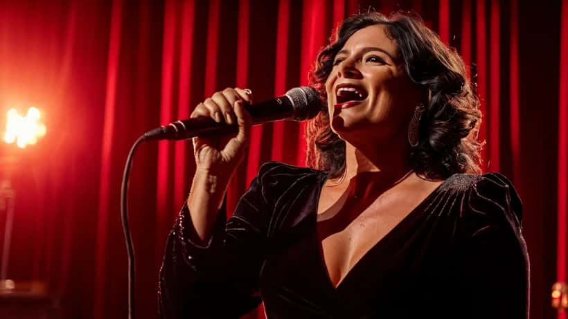 Donna italiana che canta sul palco di uno studio televisivo con microfono, luci teatrali e sfondo rosso