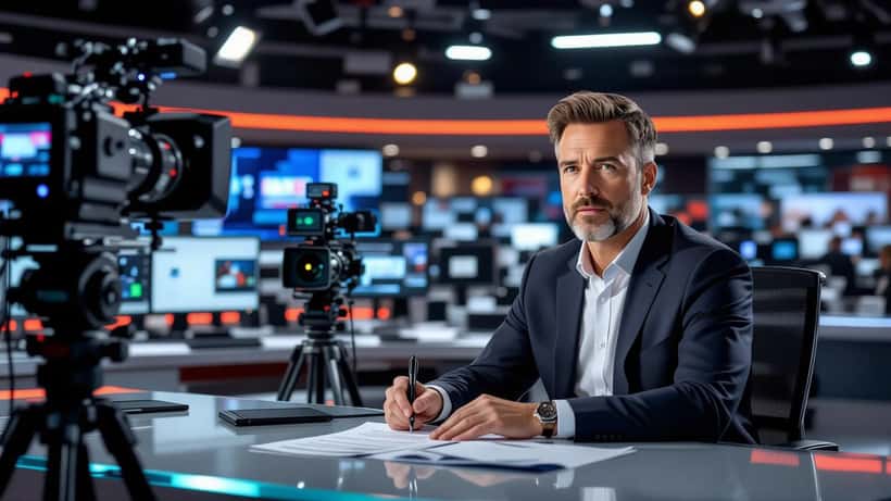 Television presenter at British news broadcast desk with legal contract documents visible, studio cameras in background