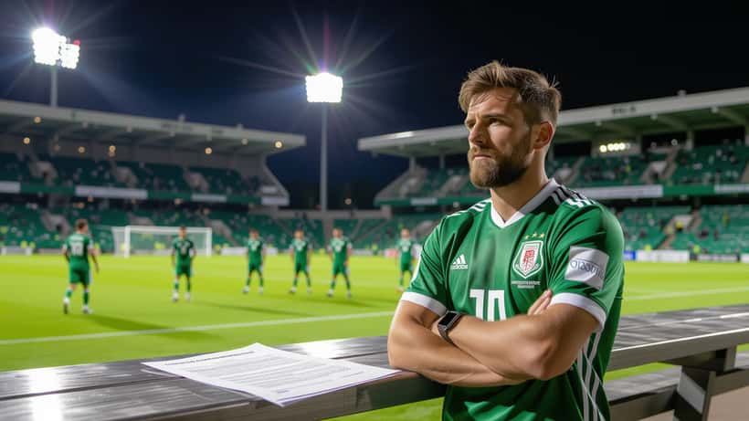 Footballer in green international kit standing in stadium tunnel arms crossed refusing to play as floodlights illuminate pitch at night