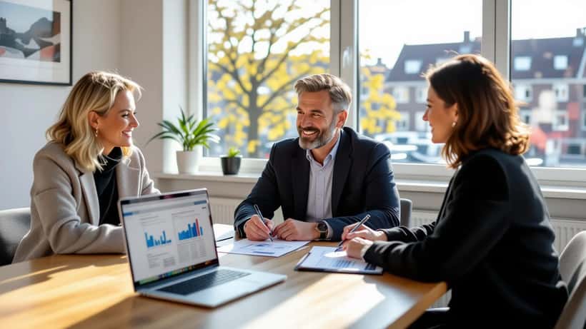 Et par sidder med en økonomisk rådgiver ved et bord med budget og indkomstgrafer på en bærbar computer