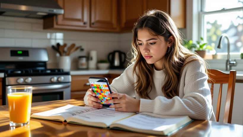Teenager frowning at word puzzle on smartphone at kitchen table with vocabulary notebook