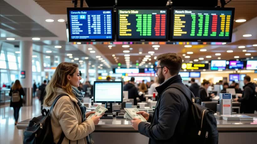 Traveller exchanging cash at a currency counter in Sydney airport international terminal