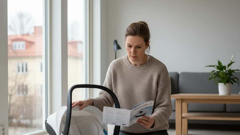 Svensk mamma undersöker bilbarnstol i vardagsrum