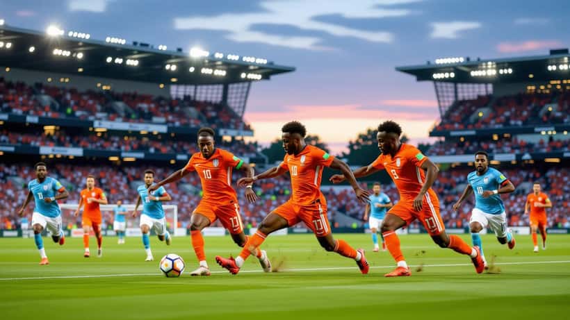 Tunisia vs Netherlands 2026 football friendly match action in a stadium at dusk