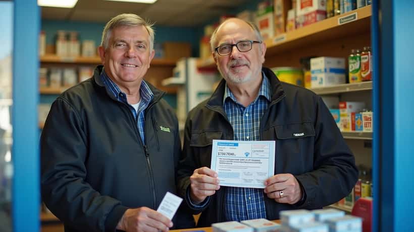 Deux hommes tenant un billet gagnant du Lotto Max dans un dépanneur en Ontario