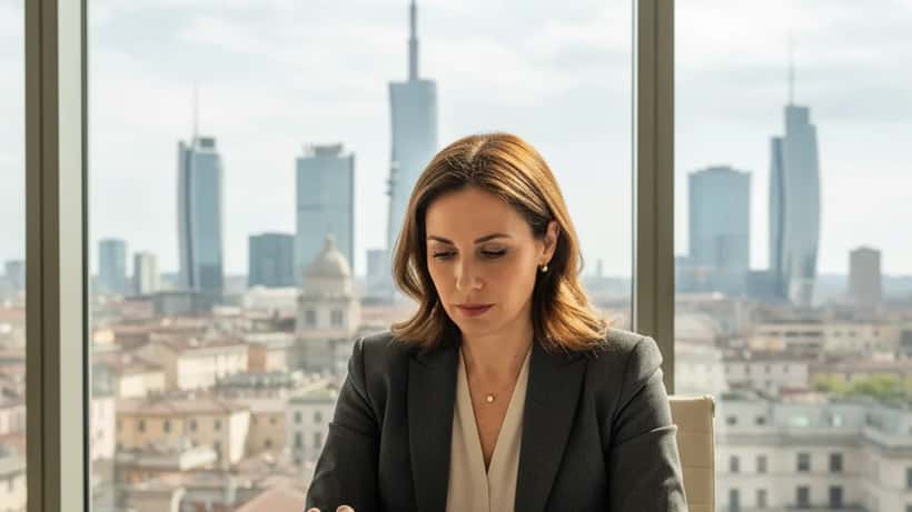 Consulente patrimoniale italiana analizza strategia di investimento in ufficio milanese