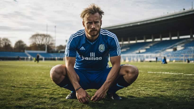Fodboldspiller holder på skadet knæ på en dansk fodboldbane med fysiotherapeut ved siden