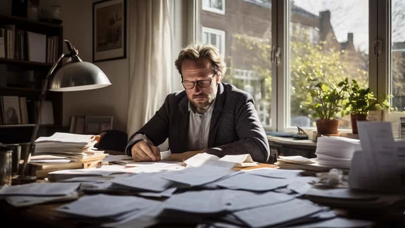Man achter bureau met belastingpapieren en laptop, kalender toont 1 mei deadline