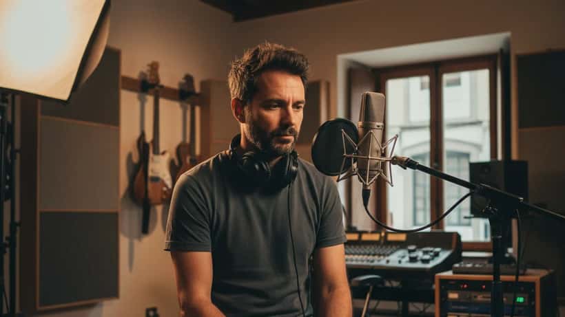 Musico portugues num estudio de gravacao em Porto, refletindo sobre saude vocal