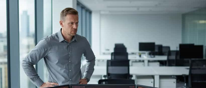 A British IT professional looking at error screens on multiple monitors in a modern office