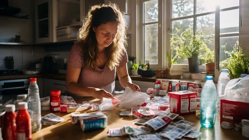 Nederlandse vrouw legt noodpakket klaar op keukentafel met water, EHBO-doos en zaklamp