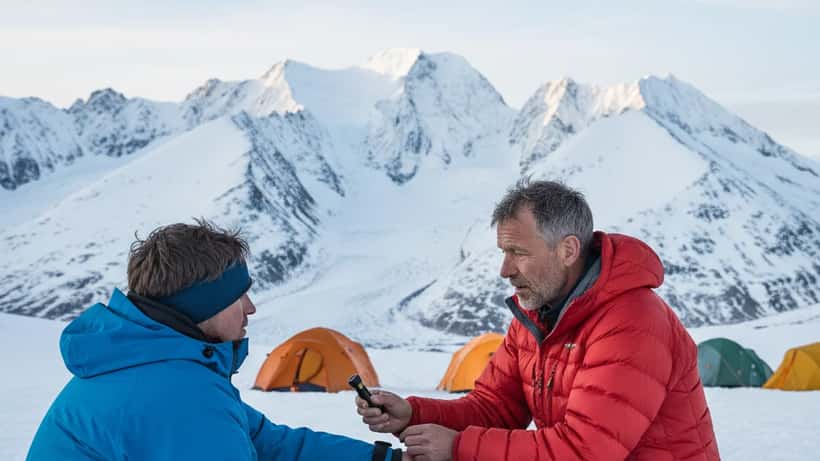Bergsklättrare konsulterar expeditionsläkare vid basläger med snötäckta himalayatoppar i bakgrunden