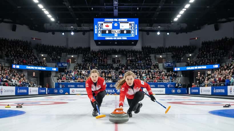Curlingspelare swepar intensivt på is under VM-match i Ogden Utah 2026