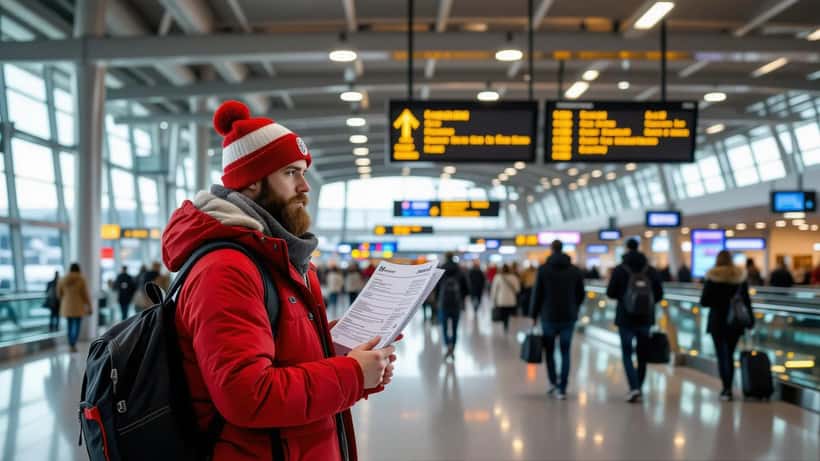 Deutscher Fußballfan am Flughafen mit Ticket und Schal nach Spielabsage