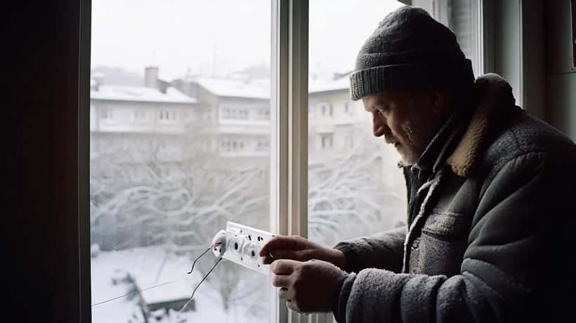 Homme suisse en manteau d'hiver ajustant un thermostat dans un appartement mal isolé à Berne