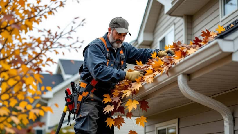 Homeowner on ladder cleaning gutters before El Niño winter storms, suburban house in autumn