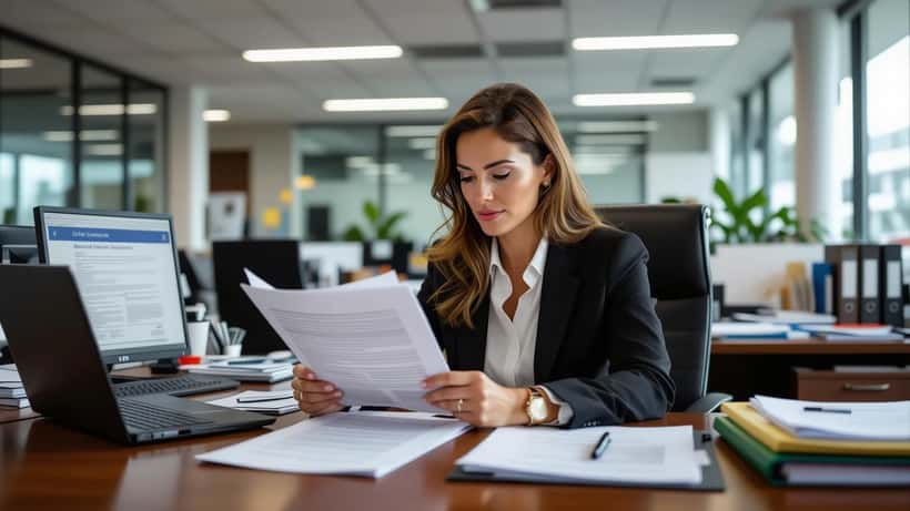 Advogada trabalhista analisando o Diário Oficial da União com documentos legais e laptop em escritório de advocacia no Brasil
