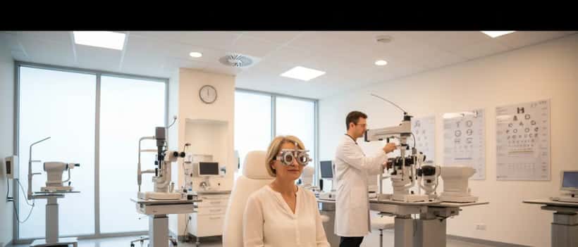 Woman at optician appointment wearing trial lens frames during eye examination