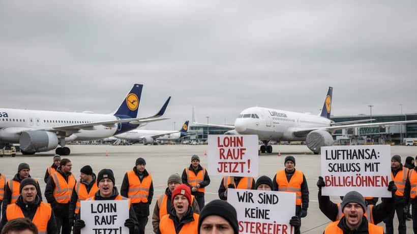 Streikende Mitarbeiter am Frankfurter Flughafen halten Schilder hoch, Lufthansa-Flugzeuge im Hintergrund