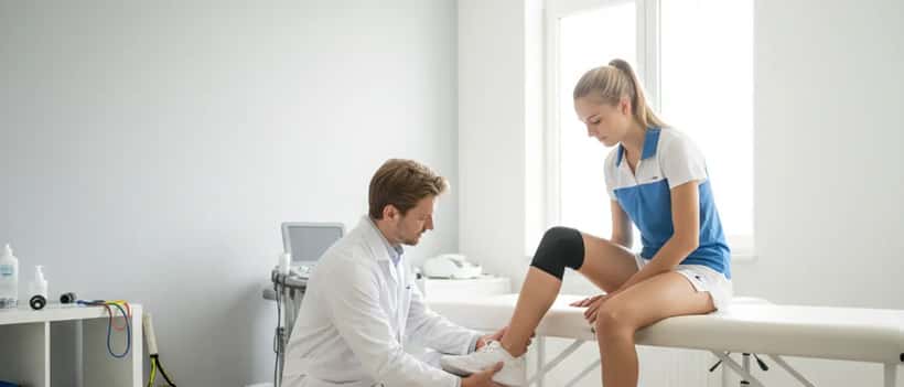 Médecin du sport examinant la cheville d'un jeune joueur de tennis en cabinet médical