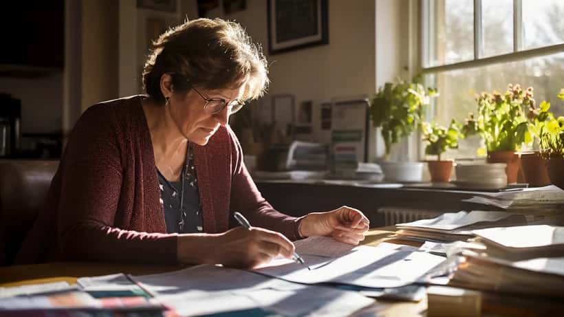Woman reviewing energy bills and financial documents at kitchen table in London