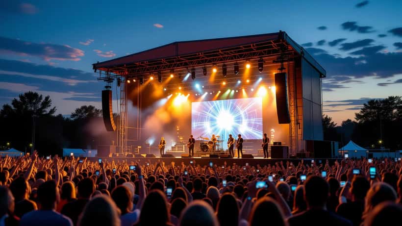 Concert stadium crowd at night with bright stage lights