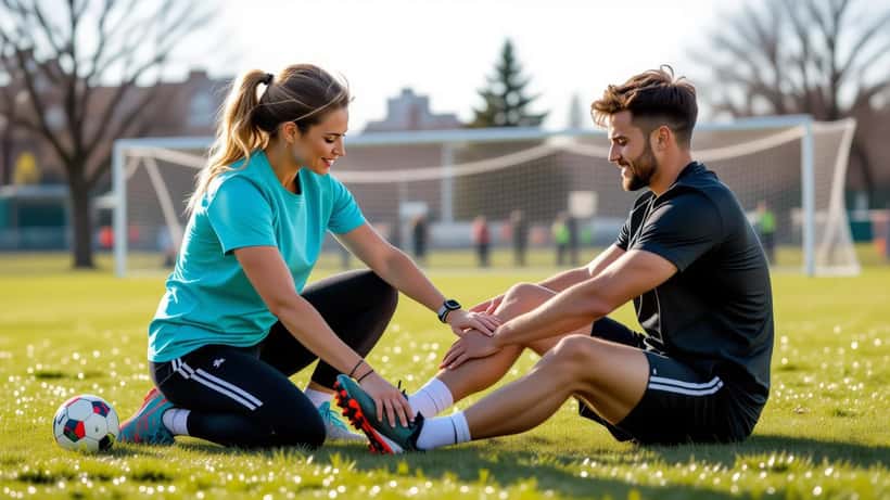 Physiotherapist examining a soccer player's ankle injury on the sideline of a community football pitch