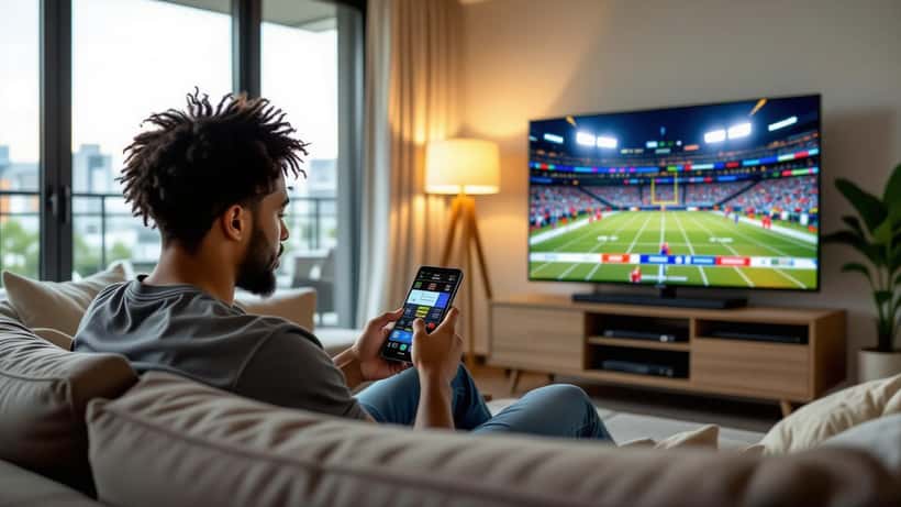 Young man checking prediction market trading app on smartphone with NFL broadcast on TV in background